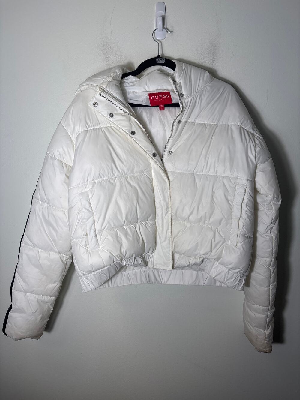 Guess White Long Sleeve Crop Puffer Hooded Jacket Sz XL